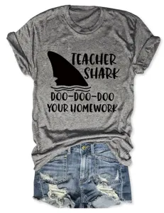 Dames Grijs Leraar Haai Print Korte Mouw T-Shirt Casual Ronde Hals Bovenkleding Zomer