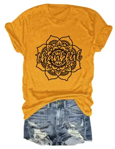 Women casual vintage thankful mandala print short sleeve t-shirt for daily comfortable wear.