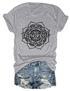 Casual women's grey short sleeve t-shirt paired with denim shorts and thankful floral print.