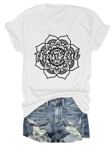 Women casual short sleeve round neck t-shirt with thankful mandala print and denim shorts.