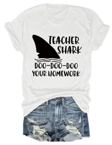 Leraar Haai Dames Korte Mouw T-Shirt Casual Grappig Letter Print Ronde Hals Zomer Top