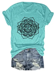 Women casual short sleeve tee with thankful floral print, comfortable summer top.