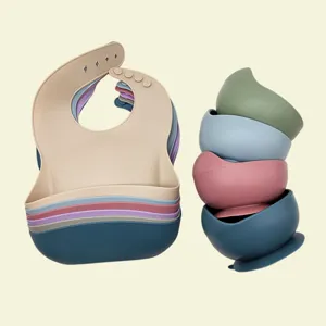 Silicone baby bib and suction bowl set, toddler feeding tableware set, safe and durable.