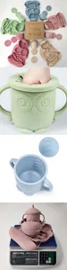 Silicone cartoon owl baby feeding set with compartment plate, bowl, bib, cup, spoon and fork.