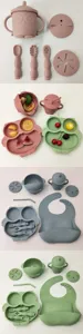 Silicone cartoon owl baby feeding set with suction plate, bowl, cup, bib, spoon and fork.