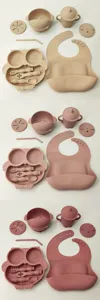 Silicone cartoon owl baby feeding set with divided plate bowl cup bib and spoon fork details.