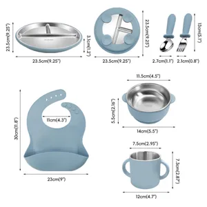 Baby Feeding Set 304 Stainless Steel Divided Plate Bowl Silicone Bib Spoon Fork Cup Toddler Tableware Kids Dinnerware
