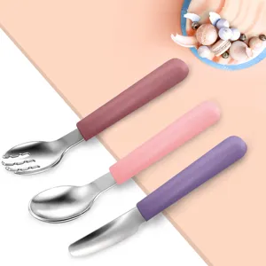 Children's Stainless Steel Silicone Handle Tableware Set Portable Fork And Spoon Baby Feeding Training Utensils
