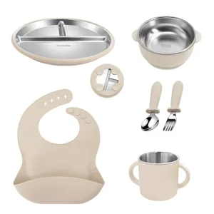 Baby stainless steel silicone tableware set divided plate bowl cup bib spoon fork kids set