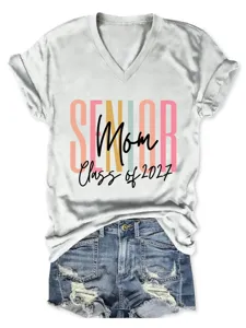 Mode Casual T-Shirt Femme Col V Manches Courtes Senior Mom Class of 2027 Coton Top