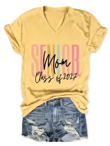 Femme Col V Manches Courtes T-Shirt Loisir Graduation Senior Mom Lettre Imprimer Haut