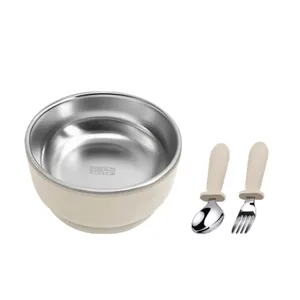 Children Stainless Steel Bowl With Silicone Protective Shell And Digital Fork Spoon Set Anti Scald Kids Tableware Feeding Bowl