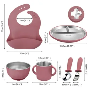 Baby Tableware Set Stainless Steel Compartment Plate Bowl Cup Bib Fork Spoon Toddler Feeding Tableware Set