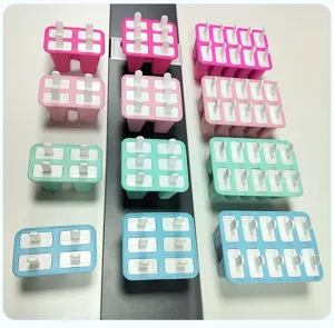 Silicone ice pop mold details, multi-grid DIY popsicle maker for home kitchen use.