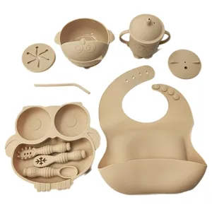 Silicone Cartoon Owl Baby Feeding Tableware Set Divided Plate Suction Bowl Bib Spoon Fork Infant Weaning Tableware