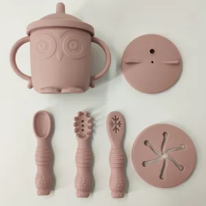 Silicone baby training cup owl tableware set infant feeding spoon fork complementary food items