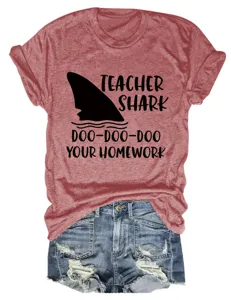 Dames leraar haai grafisch korte mouw t-shirt, casual ronde hals zomer top kleding.