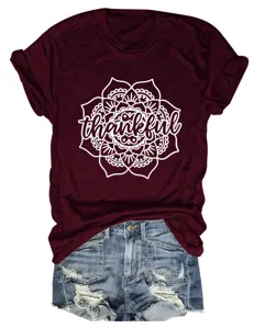 Women casual vintage burgundy short sleeve t-shirt with mandala thankful graphic detail.