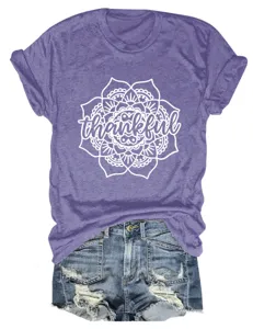 Purple short sleeve T-shirt with thankful floral mandala graphic and denim shorts set.