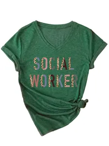 Dames casual V-hals korte mouw T-shirt met social worker luipaard printontwerp top.