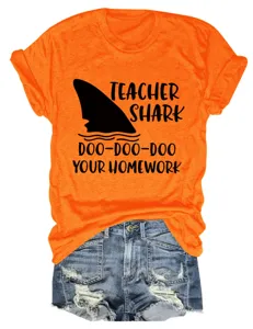 Oranje dames t-shirt met grappige haai grafische print, korte mouw casual ronde hals top.