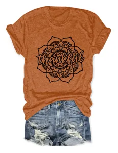 Women vintage thankful mandala print short sleeve t-shirt casual summer top apparel