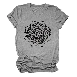 Women's casual gray short sleeve t-shirt with thankful mandala print crewneck top