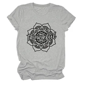 Women casual grey short sleeve t-shirt with thankful floral mandala graphic print crewneck top