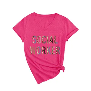 Casual dames V-hals korte mouw social worker print t-shirt zomer top mode kleding