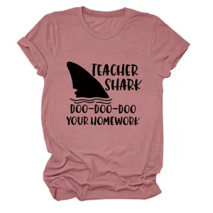 Comfortabel casual dames korte mouwen t shirt met grappige leraar haai print voor dagelijks