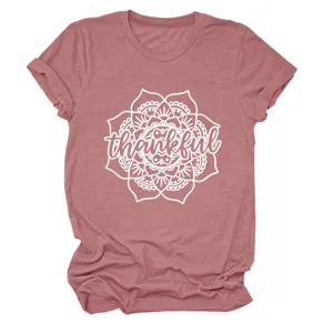 Women casual round neck short sleeve t-shirt with thankful floral print vintage top