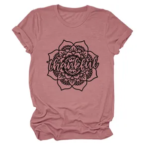 Detail view of the dusty pink women's short sleeve t-shirt with floral thankful print.