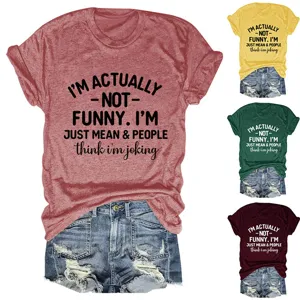 Casual women short sleeve t-shirt with funny letter print graphic round neck summer tee.