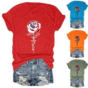 Women casual short sleeve T-shirt detail showing American flag rose graphic and text design.