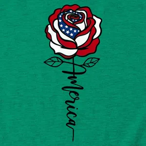 Detailed view of American flag rose graphic print on casual green cotton short sleeve shirt.