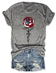Casual grey short sleeve t-shirt with American flag rose graphic and America letter print.