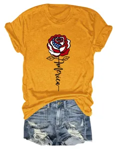 Detail view of mustard yellow women short sleeve t-shirt featuring USA flag rose graphic.