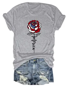 Women casual short sleeve T-shirt featuring America flag rose graphic print and shorts.