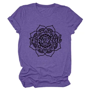 Detail view of purple women's short sleeve t-shirt with thankful mandala graphic print