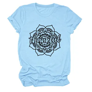 Light blue women casual short sleeve T-shirt featuring a stylish mandala floral thankful print.