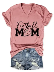 Γυναικείο casual t-shirt με V λαιμόκοψη και κοντό μανίκι Football Mom top style.