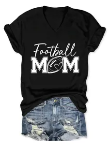 Γυναικείο μαύρο football mom t-shirt V-neck κοντομάνικο αθλητικό casual μπλουζάκι.