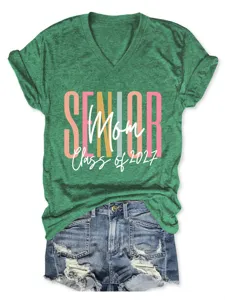 Femme Col V T-Shirt Manches Courtes Senior Mom Class of 2027 Top Vert Casual Détail