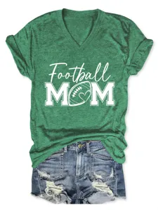 Casual γυναικείο t-shirt με V-neck κοντό μανίκι σε πράσινο με τύπωμα Football Mom