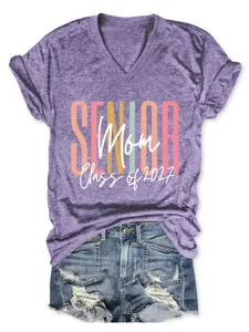 Senior maman classe 2027 t-shirt violet col v à manches courtes pour style quotidien casual.