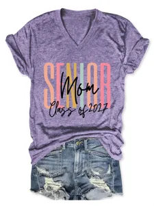 Femme Col V Manches Courtes T-Shirt Senior Mom Classe de 2027 Casual Été Haut Top