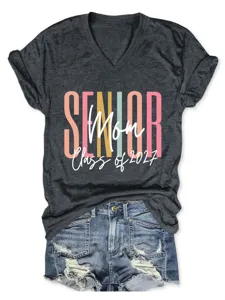 Senior Mom Class of 2027 T-Shirt Casual Manches Courtes Col V Femme Top Diplômée