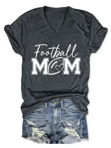 Casual γυναικείο T-shirt με V λαιμόκοψη και κοντό μανίκι με στάμπα Football Mom.