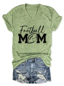 Γυναικείο Casual V-Neck Κοντομάνικο T-Shirt Football Mom Print Πράσινο Top Fashion