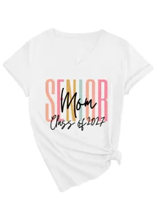 Femme Col V Manches Courtes T-Shirt Senior Mom Class of 2027 Été Blanc Haut Casual
